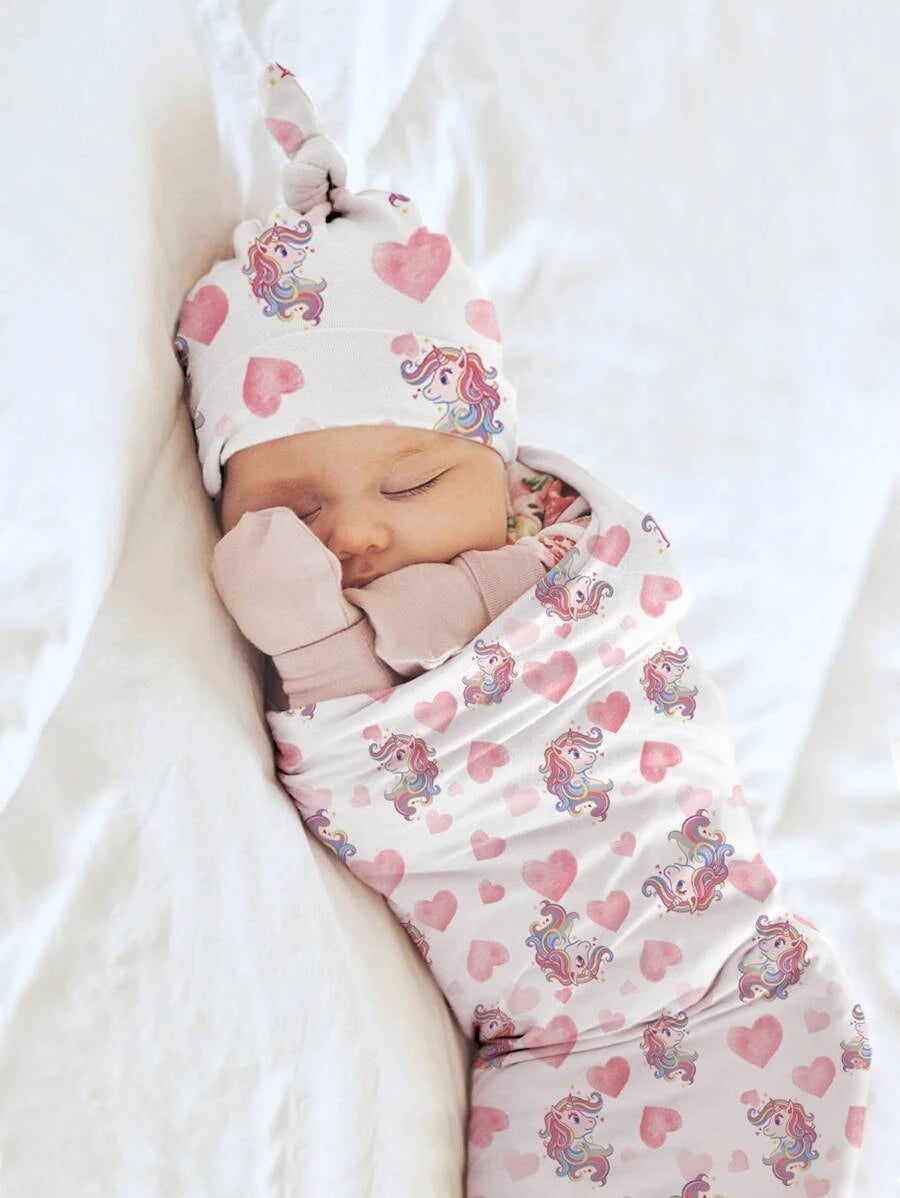 Newborn Photography Heart & Unicorn Print Blanket & Hat