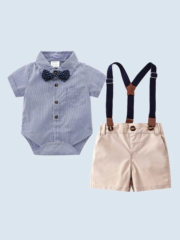 Baby Boy Striped Bow Neck Button Front Bodysuit & Shorts with Straps