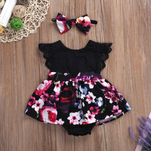 Load image into Gallery viewer, 2pcs Baby Girl 95% Cotton Lace Flutter-sleeve Floral Print Romper with Headband Set
