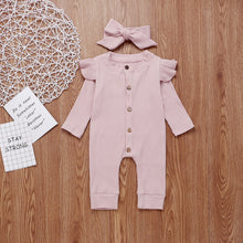 Load image into Gallery viewer, Baby Solid Flounced Jumpsuit with Headband Set
