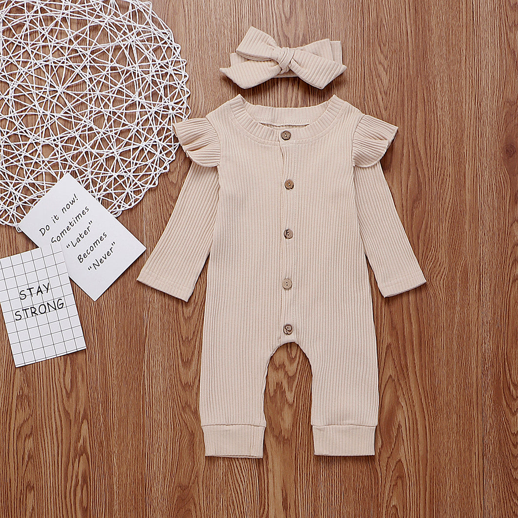 Baby Solid Flounced Jumpsuit with Headband Set