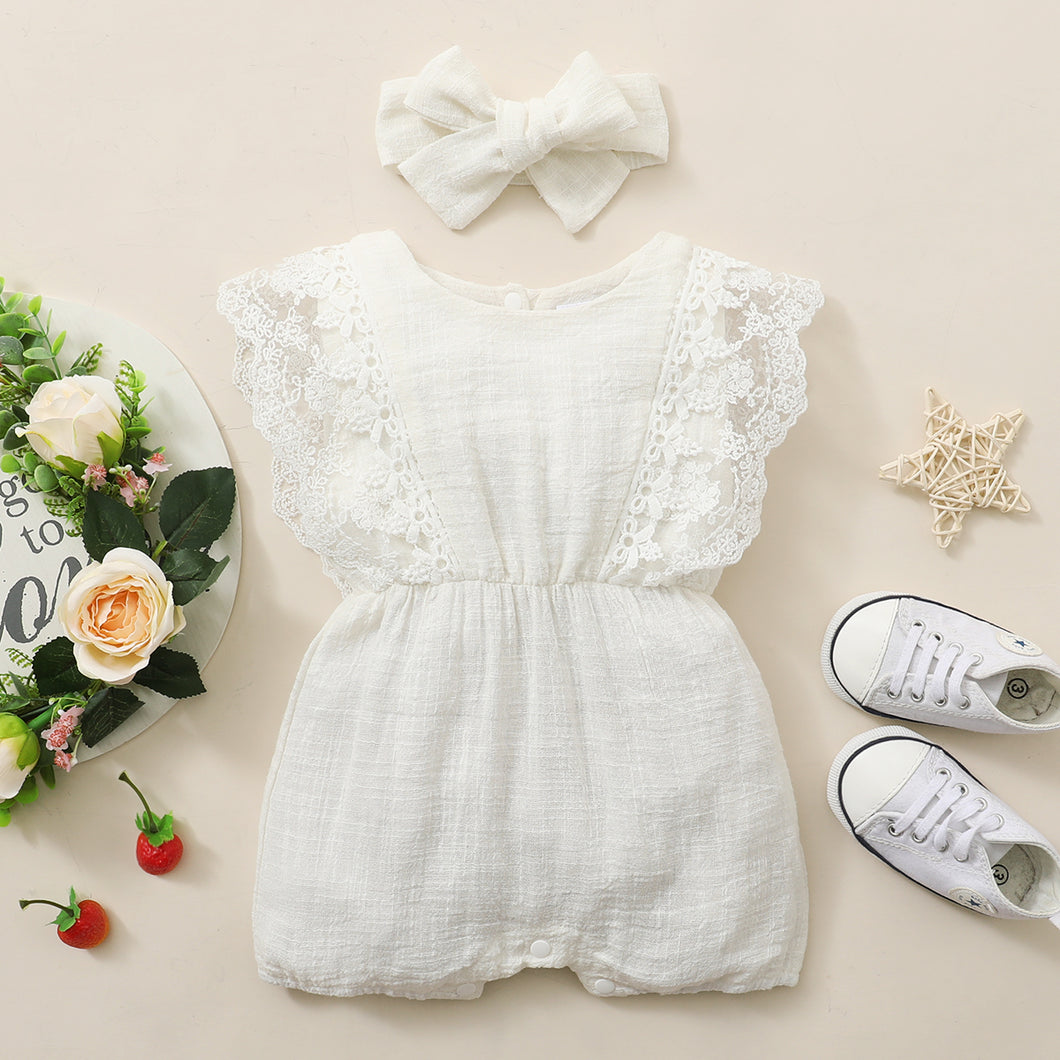 2pcs Baby Girl 95% Cotton Lace Flutter-sleeve Romper with Headband Set