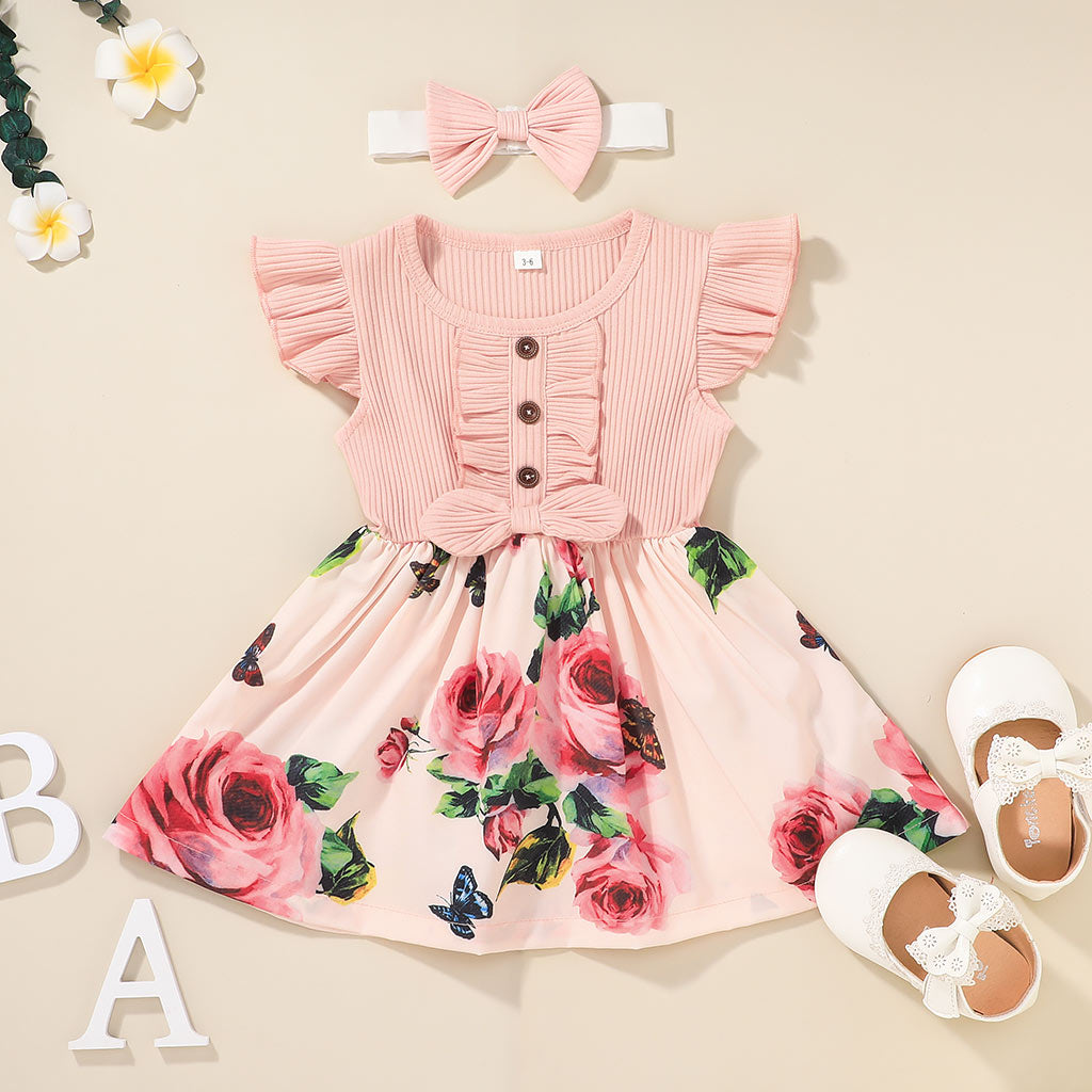 Ribbed 2pcs Floral Print Flutter-sleeve Baby Set