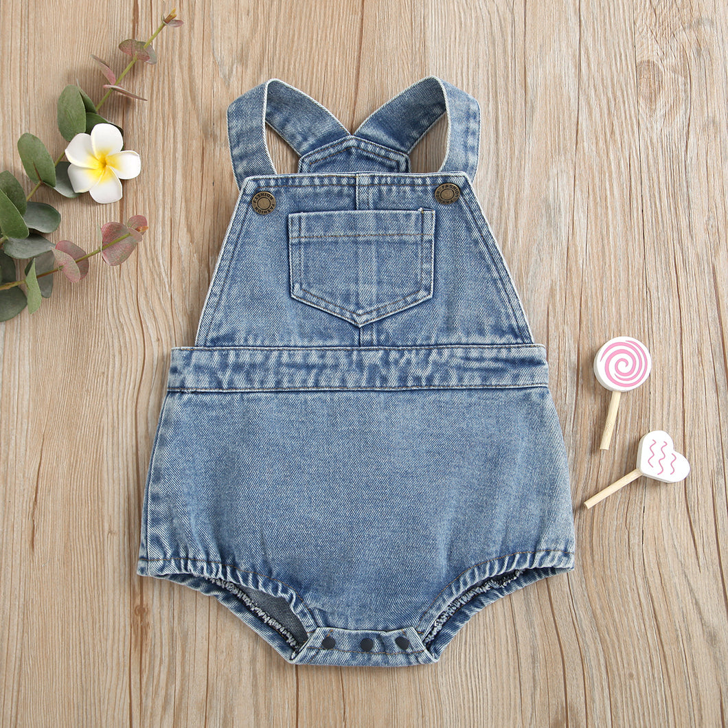 100% Cotton Denim Solid or Floral Print Sleeveless Baby Romper