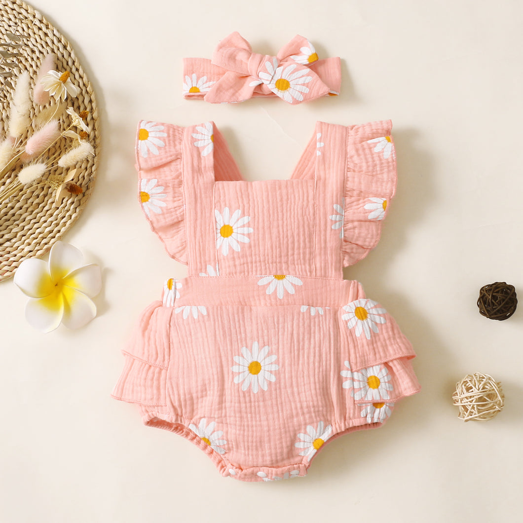 100% Cotton 2pcs Daisy Print Crepe Fabric Baby Romper Set