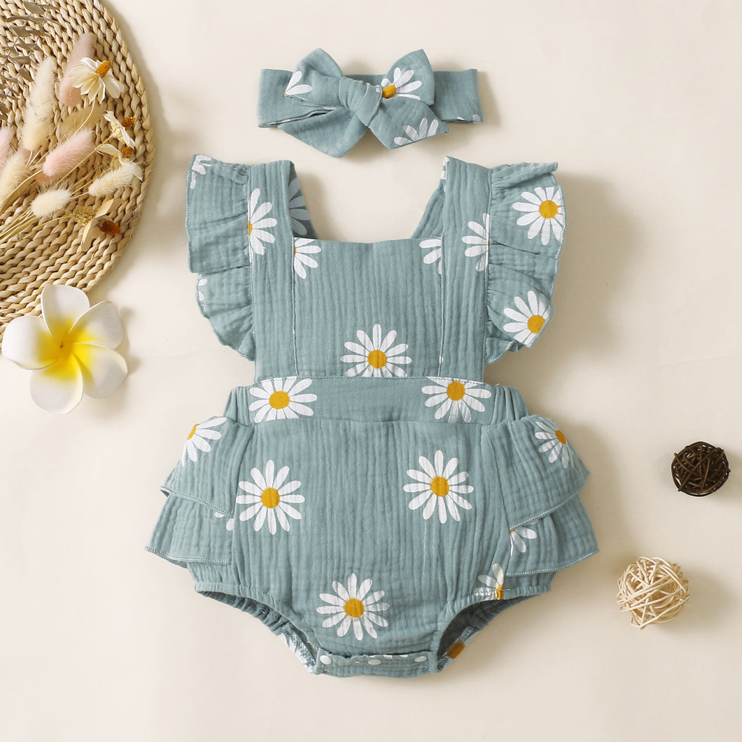 100% Cotton 2pcs Daisy Print Crepe Fabric Baby Romper Set