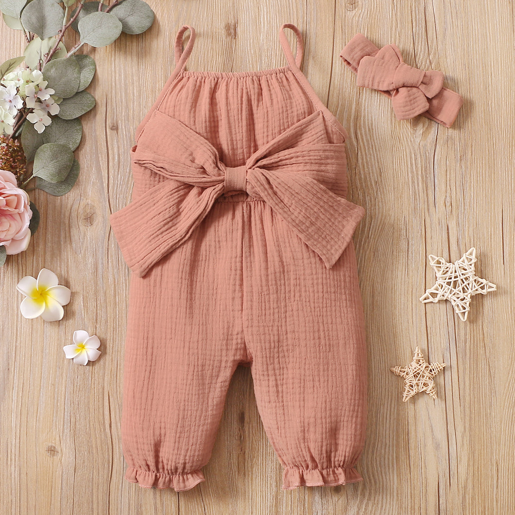 Crepe 2pcs Solid Bow Decor Sleeveless Baby Set