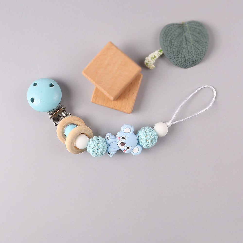 Silicone Teether Wood Beads Set DIY Baby Teething Necklace Toy Cartoon Koala Pacifier chain Clip