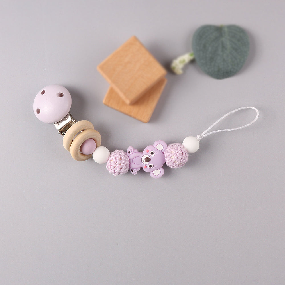 Silicone Teether Wood Beads Set DIY Baby Teething Necklace Toy Cartoon Koala Pacifier chain Clip