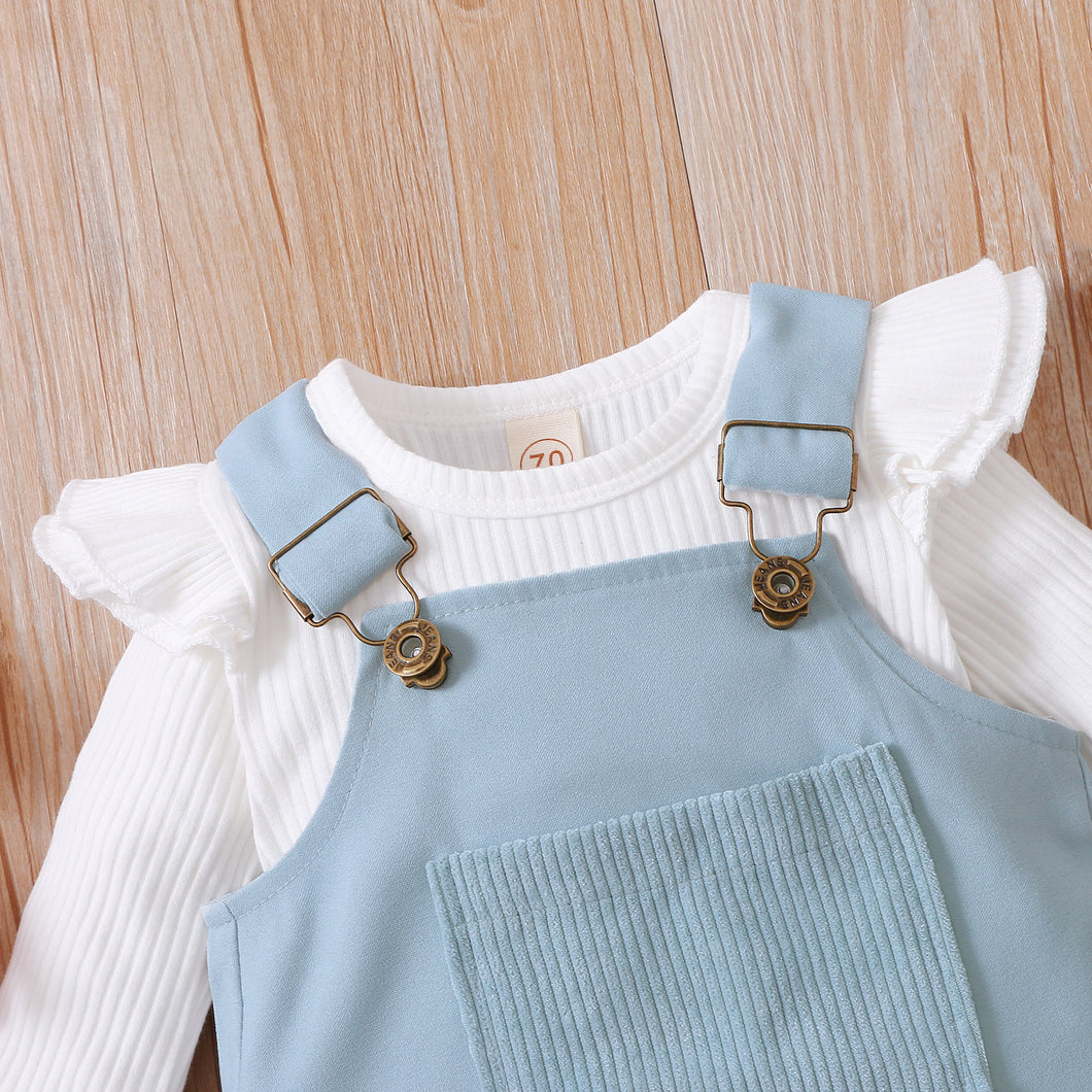 3pcs Baby Girl 95% Cotton Ribbed Long-sleeve Romper and Solid Suspender Dress with Headband Set