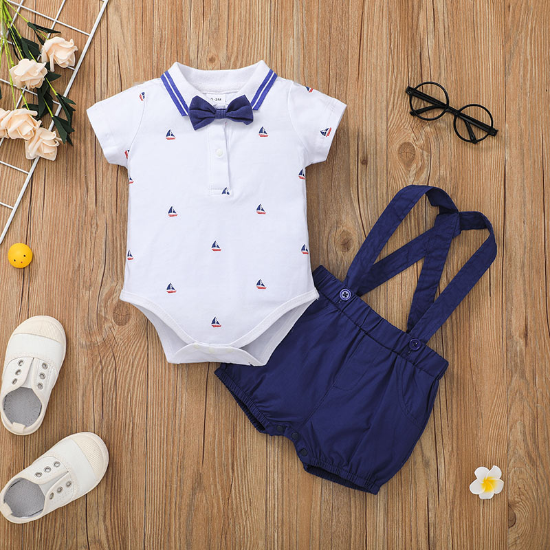 2pcs Sailboat or Mustache Print Bow Tie Decor Short-sleeve Baby Set