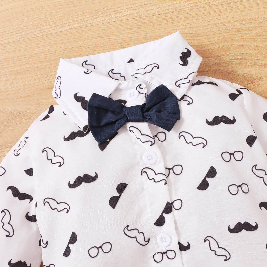 2pcs Baby Boy 95% Cotton Long-sleeve Gentleman Bowtie All Over Mustache Print Romper and Solid Overalls Set