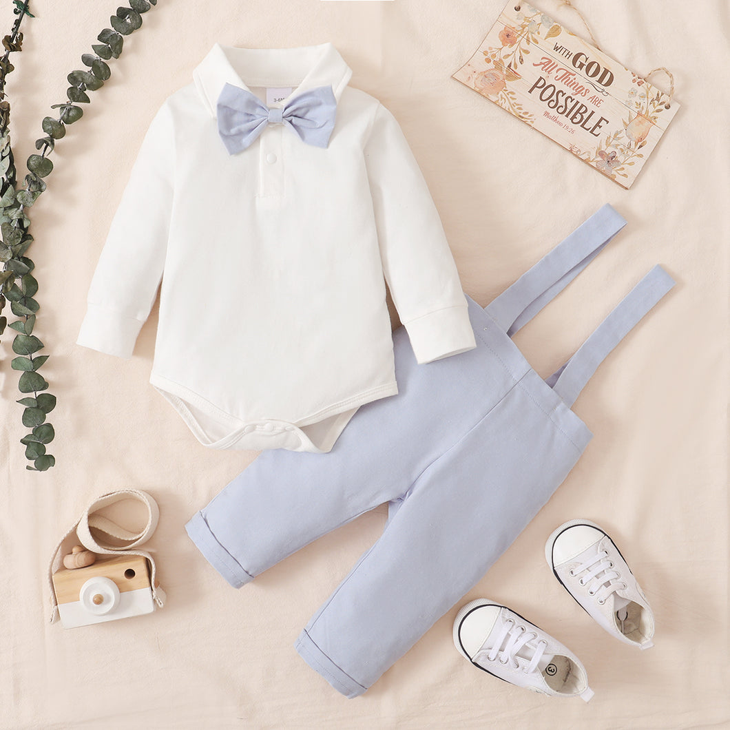 2pcs Gentleman Baby Lapel Bow Tie Long-sleeve Romper and Overalls Set