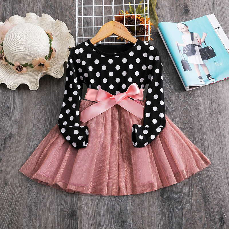 100% Cotton Polka Dot Long-sleeve Splicing Mesh Princess Baby Bowknot Party Dress