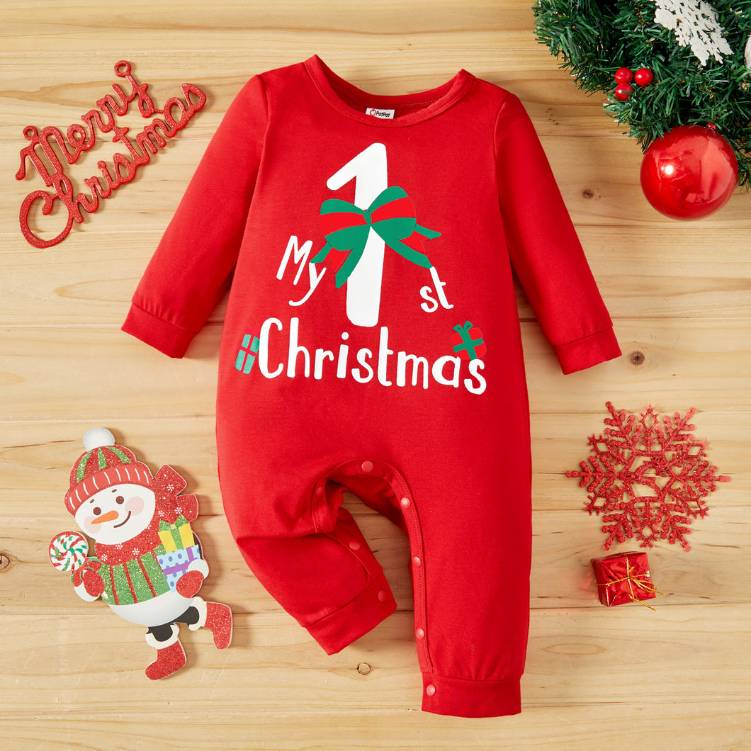 Baby Girl/Boy Christmas Cane and Letter Print Long-sleeve Jumpsuit