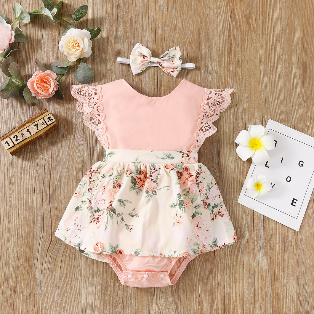 2pcs Baby Girl 95% Cotton Lace Flutter-sleeve Floral Print Romper with Headband Set