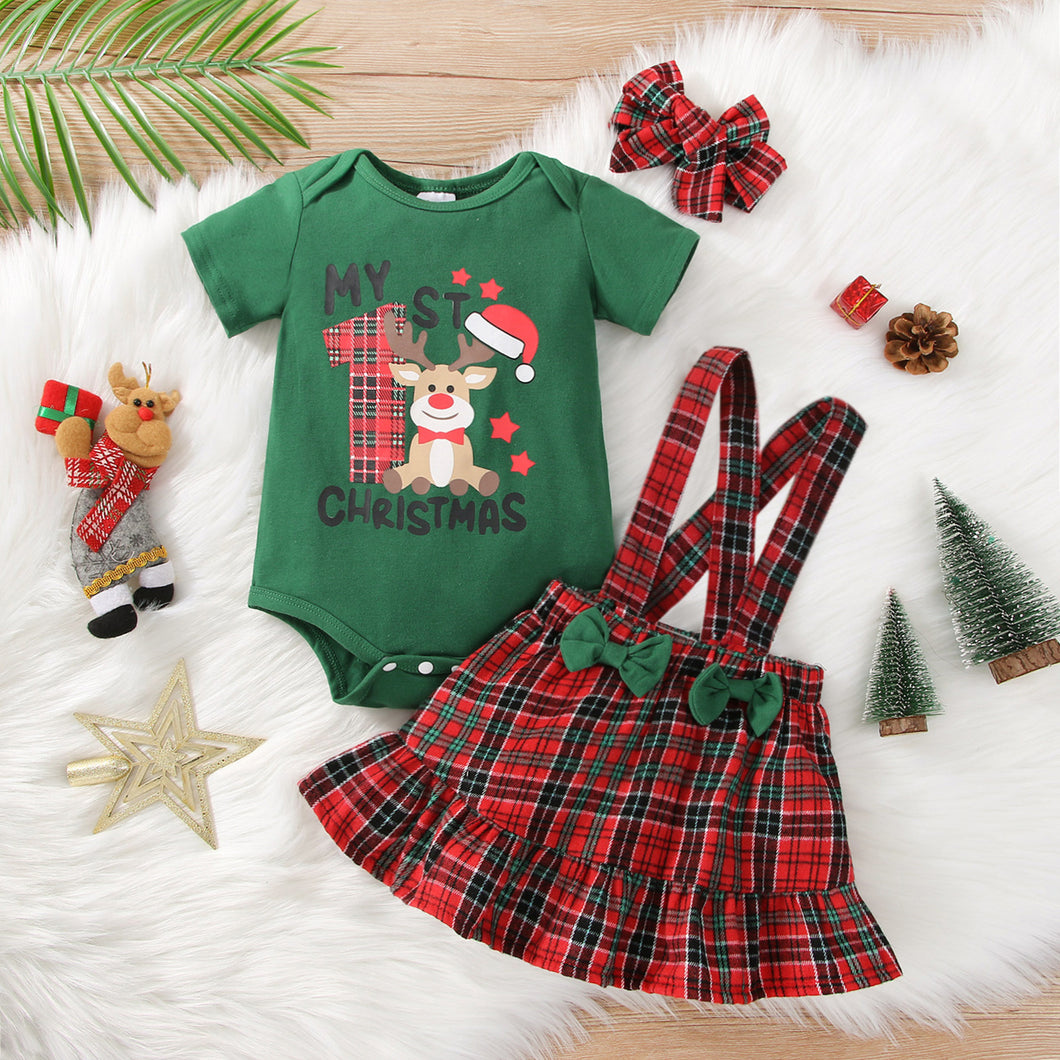 Christmas 3pcs Reindeer and Letter Print Short-sleeve Romper and Plaid Suspender Skirt Set