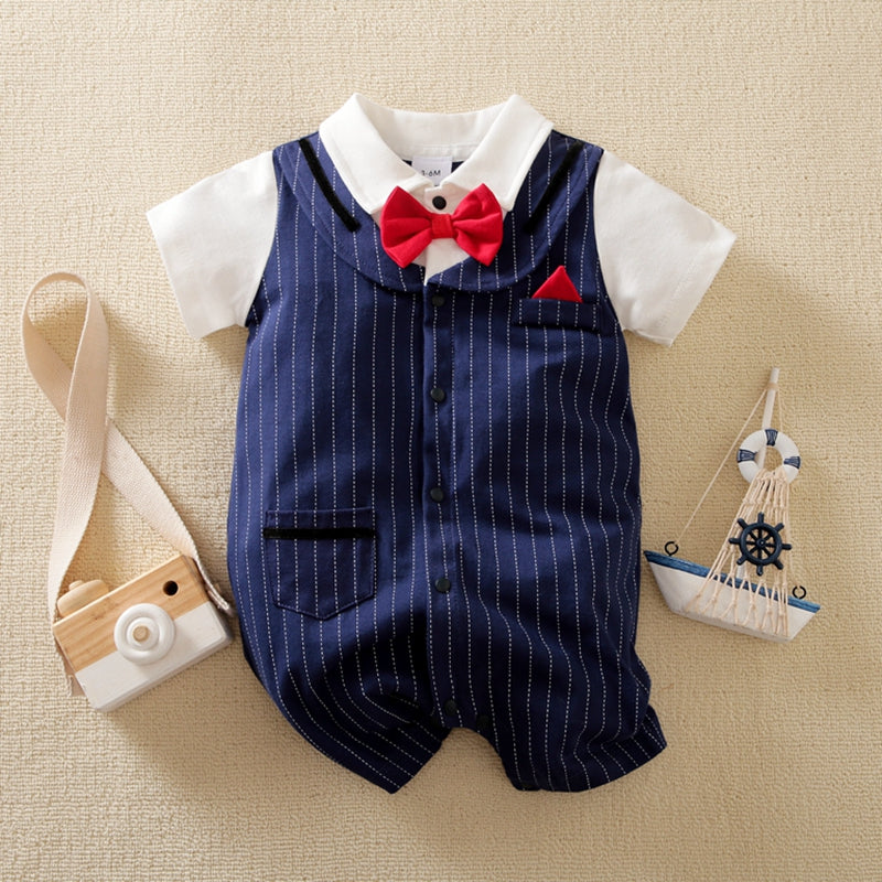 100% Cotton 100% Cotton Baby Gentleman Bow Tie Lapel Short-sleeve Navy Striped Faux-two Romper