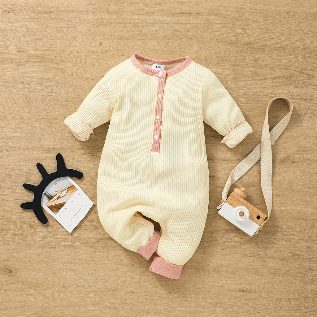 Ribbed Solid Splice Long-sleeve Baby Jumpsuit