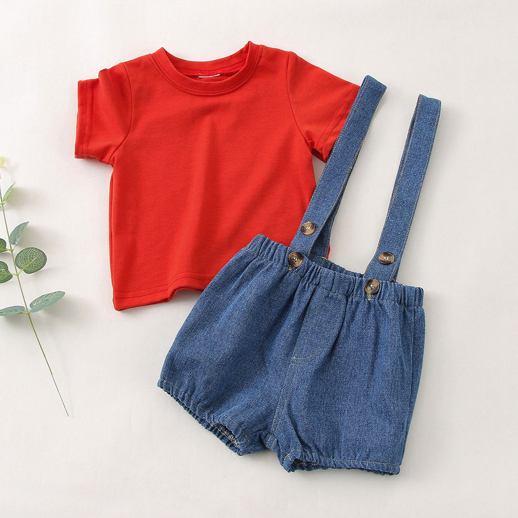 2pcs Baby Girl Solid Short-sleeve T-shirt and Denim Overalls Shorts Set