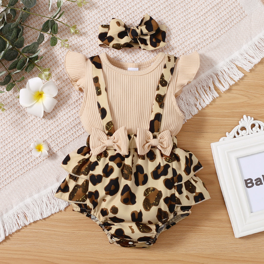 2pcs Baby Girl Solid Ribbed Splicing Leopard Layered Ruffle Flutter-sleeve Romper with Headband Set