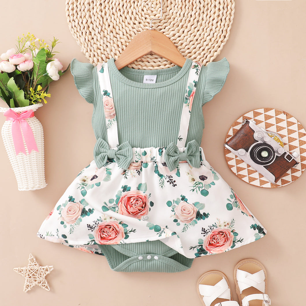 Baby Girl Green Ribbed Flutter-sleeve Bowknot Faux-two Floral Print Skirted Romper