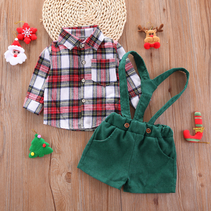 2pcs Baby Boy Plaid Long-sleeve Shirt and Green Corduroy Overall Shorts Set