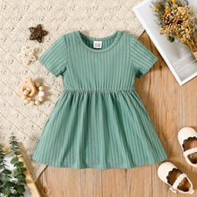 Load image into Gallery viewer, Baby Girl All Over Rabbit Print/Solid Ribbed Short-sleeve Dress
