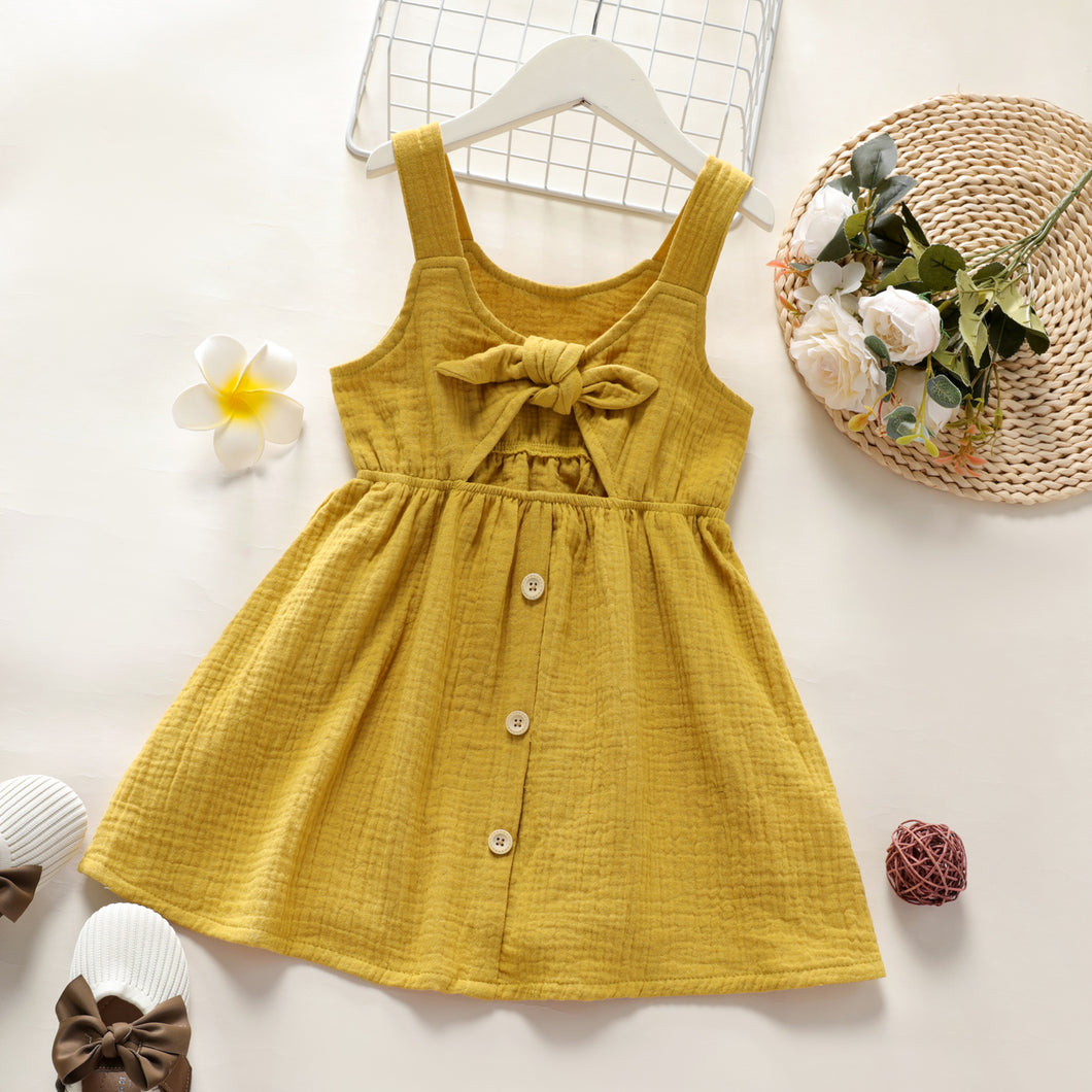 Toddler Girl 100% Cotton Solid Color Button Bowknot Design Hollow out Strap Dress