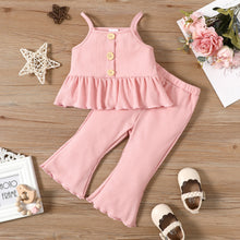 Load image into Gallery viewer, 2pcs Baby Girl Solid Spaghetti Strap Peplum Top and Flared Pants Set
