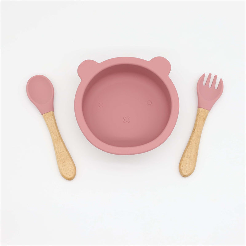 3-pack Baby Cute Cartoon Bear Silicone Suction Bowl and Fork Spoon with Wooden Handle Baby Toddler Tableware Dishes Self-Feeding Utensils Set for Self-Training