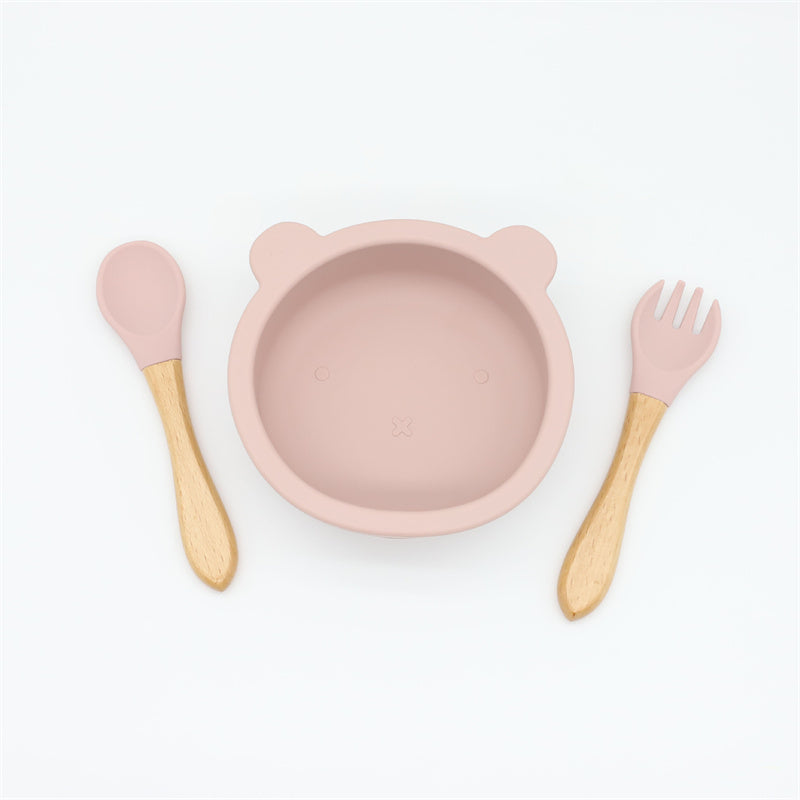 3-pack Baby Cute Cartoon Bear Silicone Suction Bowl and Fork Spoon with Wooden Handle Baby Toddler Tableware Dishes Self-Feeding Utensils Set for Self-Training