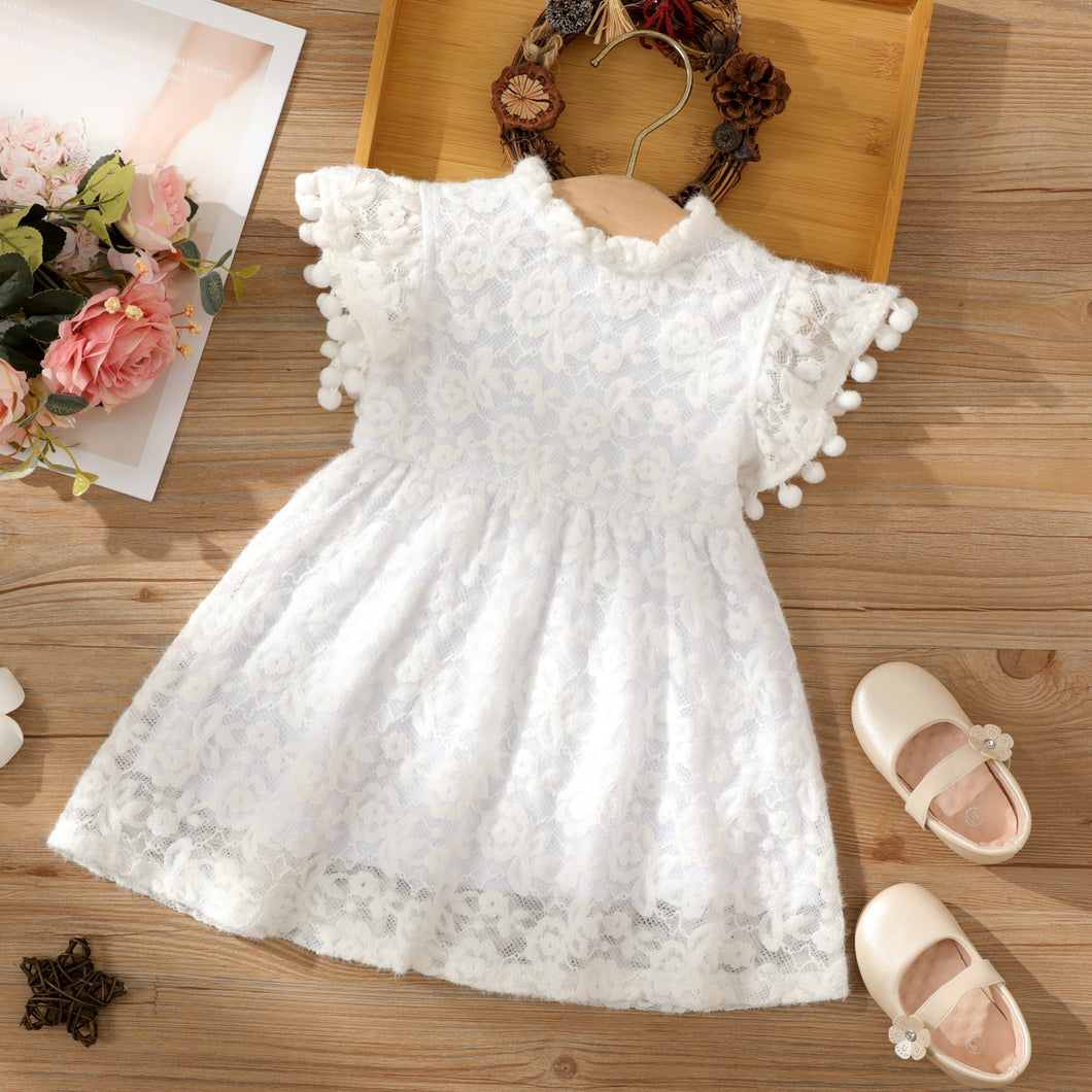 Baby Girl White Fuzzy Lace Flutter-sleeve Pom Poms Dress