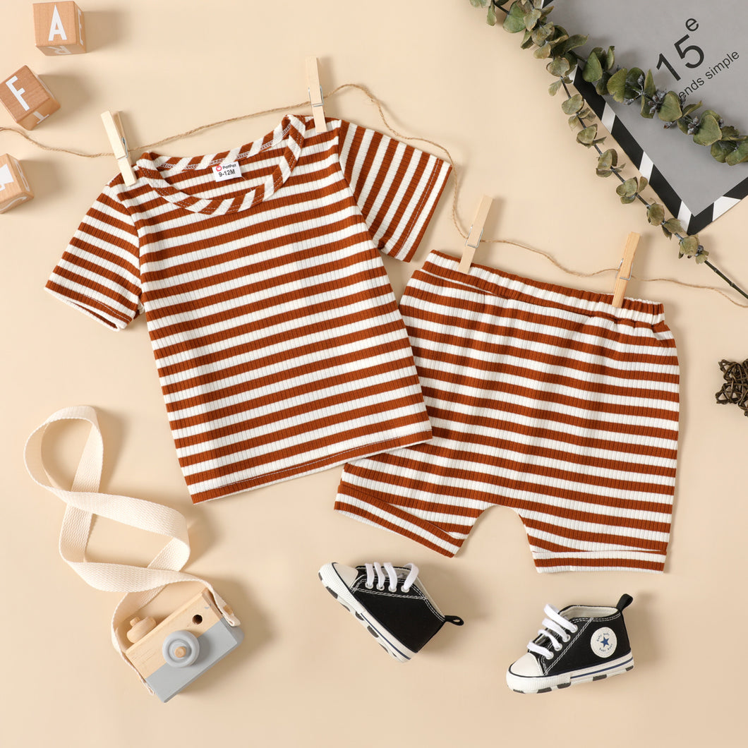 2pcs Baby Girl Striped Ribbed Short-sleeve Top and Shorts Set