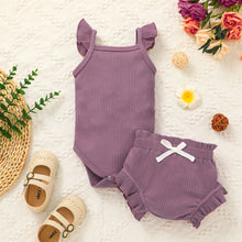 Load image into Gallery viewer, 2pcs Baby Girl Solid Ribbed Flutter-sleeve Romper and Ruffle Shorts Set
