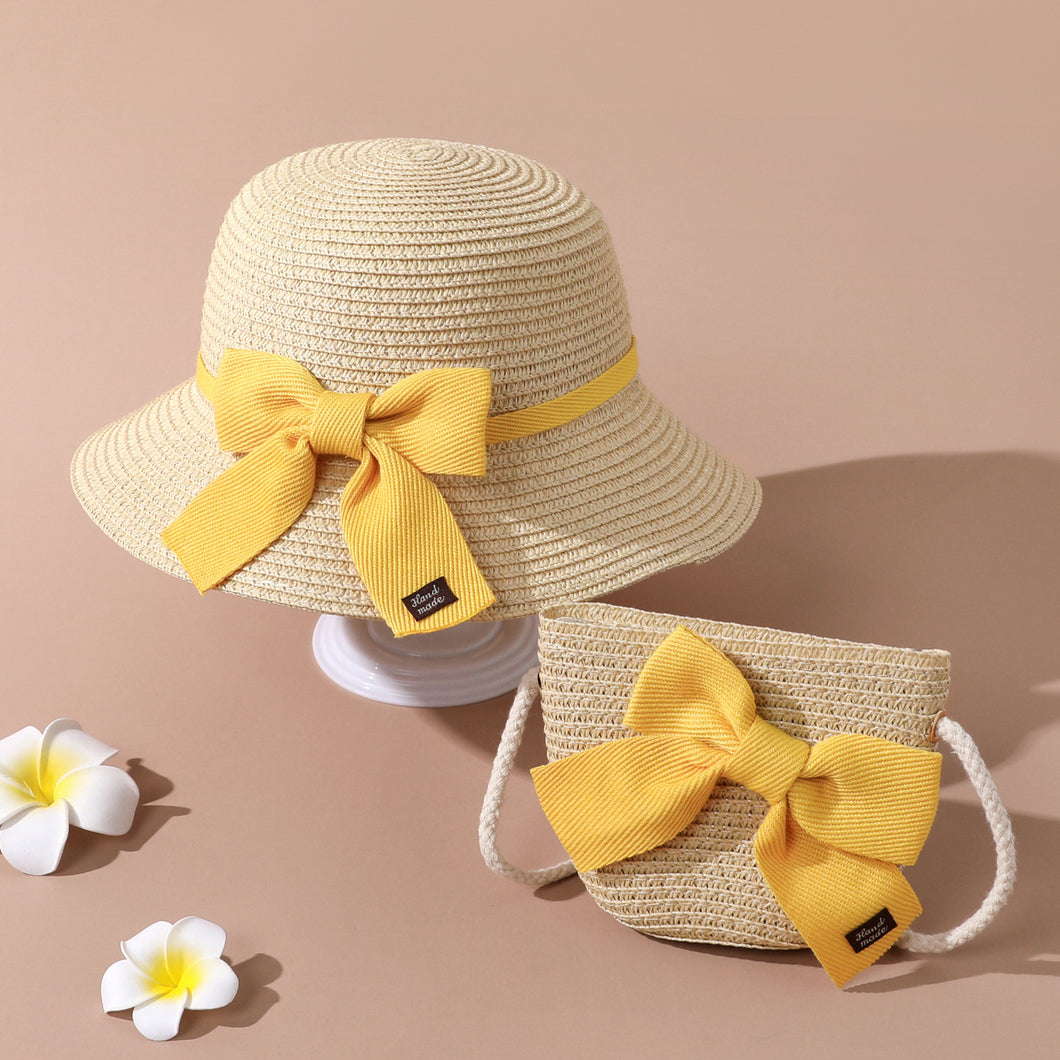 Toddler / Kid Lace-up Bow Straw Bucket Hat and Straw Bag Set for Girls