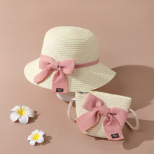 Load image into Gallery viewer, Toddler / Kid Lace-up Bow Straw Bucket Hat and Straw Bag Set for Girls
