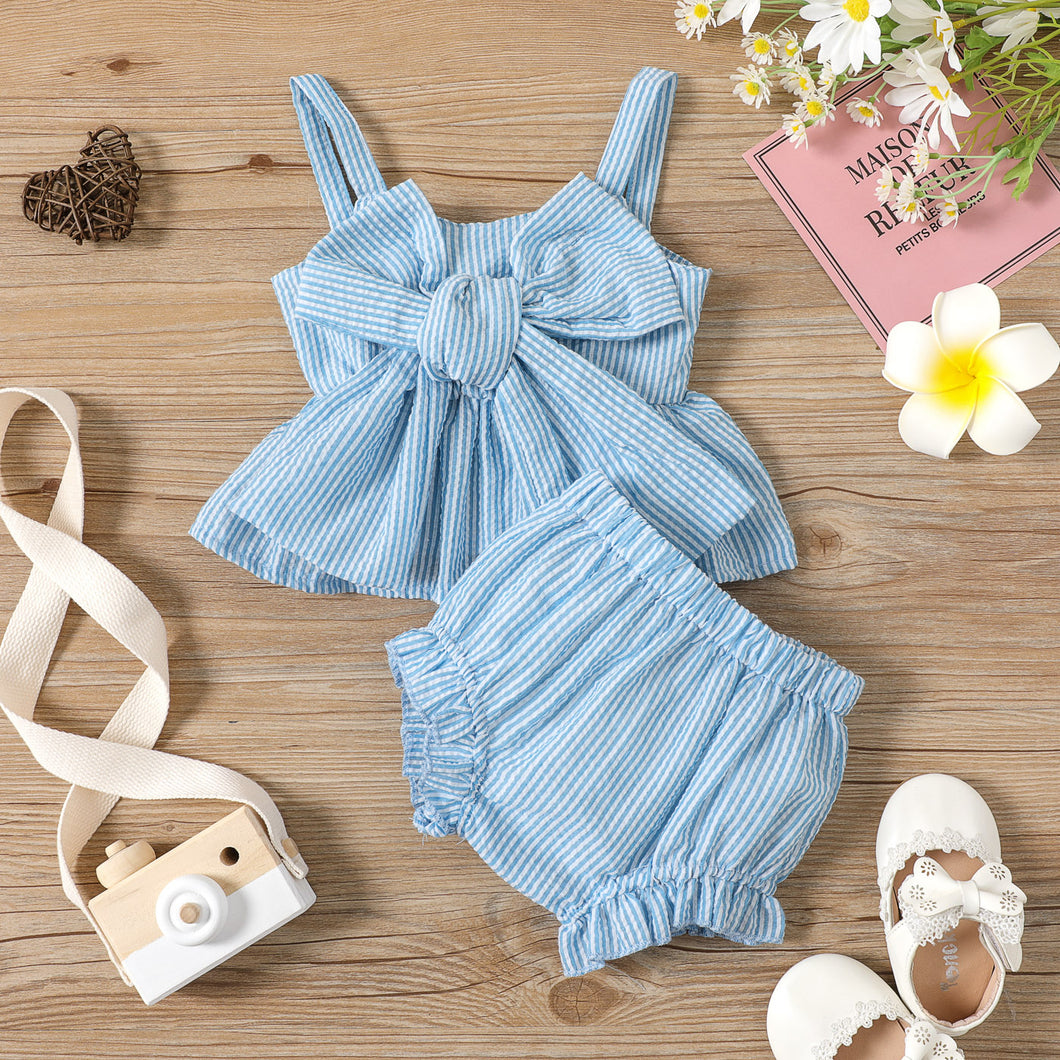 2pcs Baby Girl Pinstriped Spaghetti Strap Bowknot Top and Shorts Set