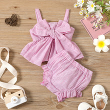 Load image into Gallery viewer, 2pcs Baby Girl Pinstriped Spaghetti Strap Bowknot Top and Shorts Set
