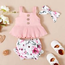 Load image into Gallery viewer, 3pcs Baby Girl Solid Ribbed Ruffle Sleeveless Tank Top and Floral Print Shorts with Headband Set
