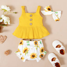 Load image into Gallery viewer, 3pcs Baby Girl Solid Ribbed Ruffle Sleeveless Tank Top and Floral Print Shorts with Headband Set
