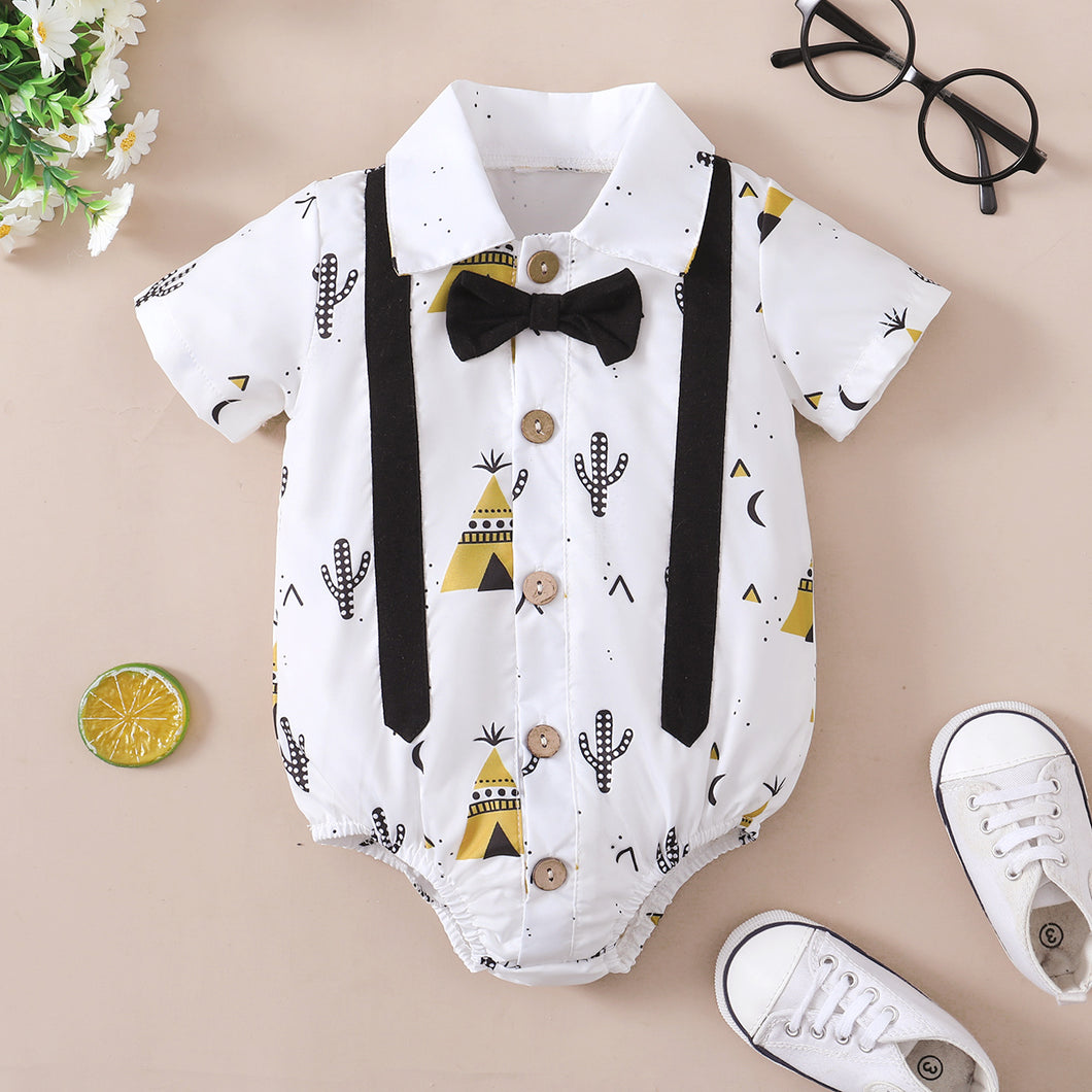 Baby Boy All Over Print Shirt Collar Button Up Short-sleeve Gentleman Bow Tie Romper