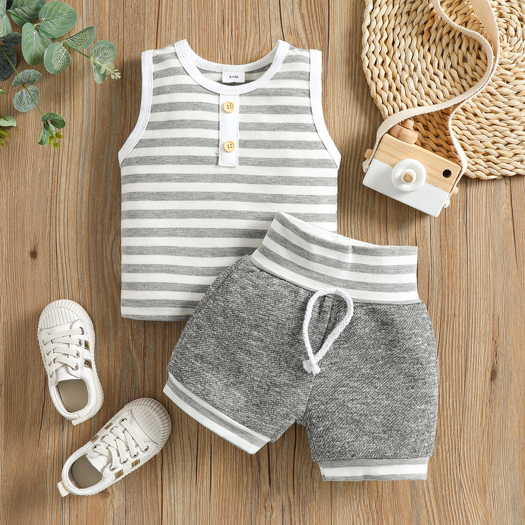 100% Cotton 2pcs Baby Boy/Girl Striped Sleeveless Tank Top and Shorts Set