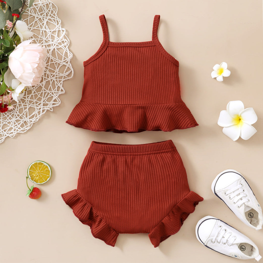 2pcs Baby Girl Solid Ribbed Sleeveless Spaghetti Strap Ruffle Top and Shorts Set