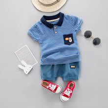 Load image into Gallery viewer, 100% Cotton 2pcs Stripe Print Bear Embroidery Polo Collar Short-sleeve T-shirt and Blue Shorts Toddler Set
