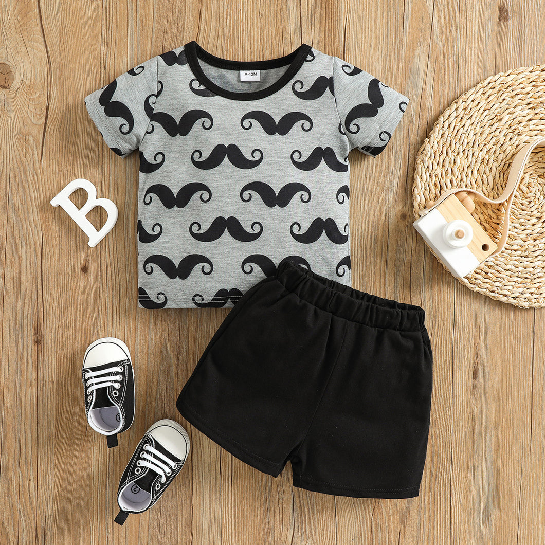 2pcs Baby Boy All Over Mustache Print Short-sleeve T-shirt and Solid Shorts Set