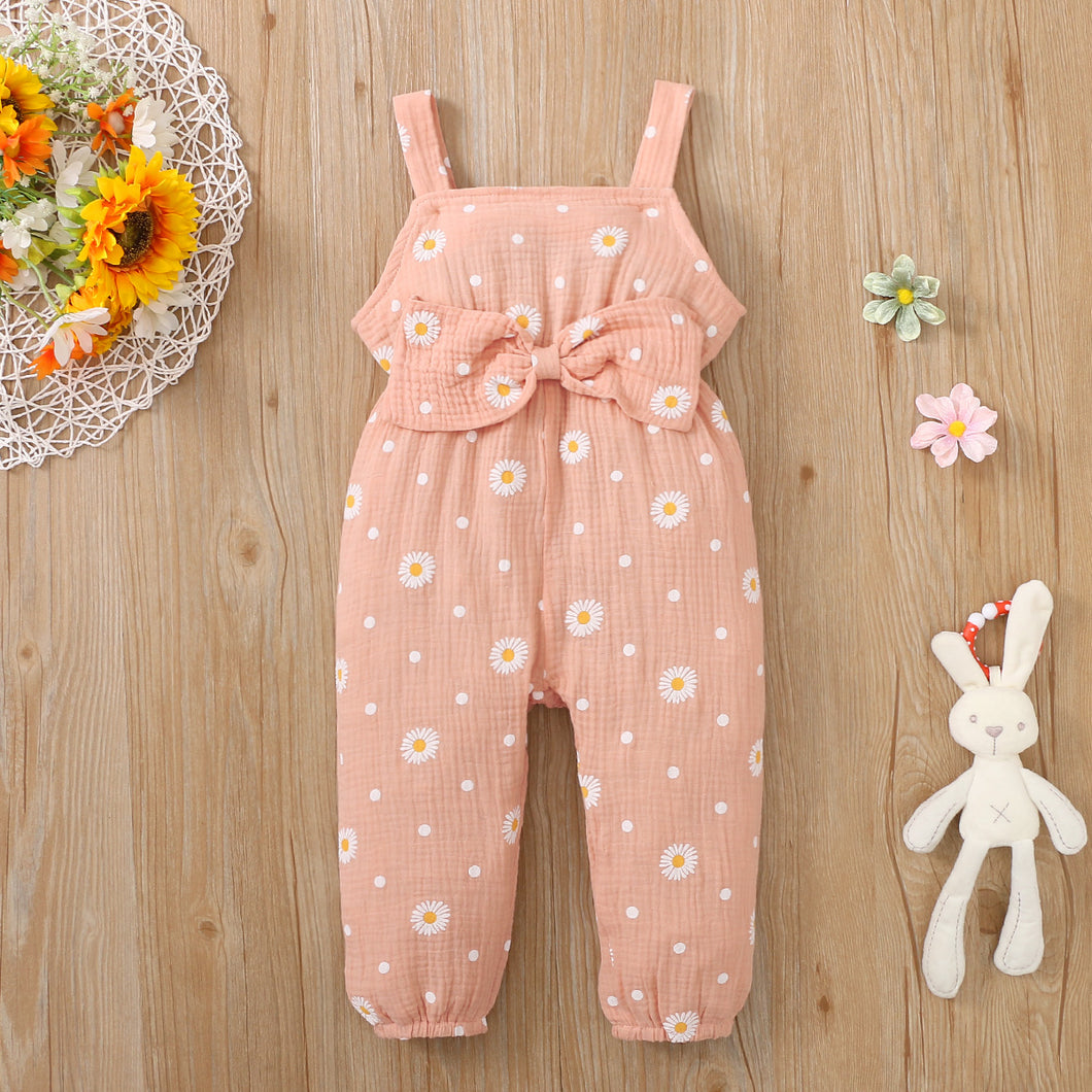 Toddler Girl 100% Cotton Floral Print Bowknot Design Sleeveless Jumpsuit