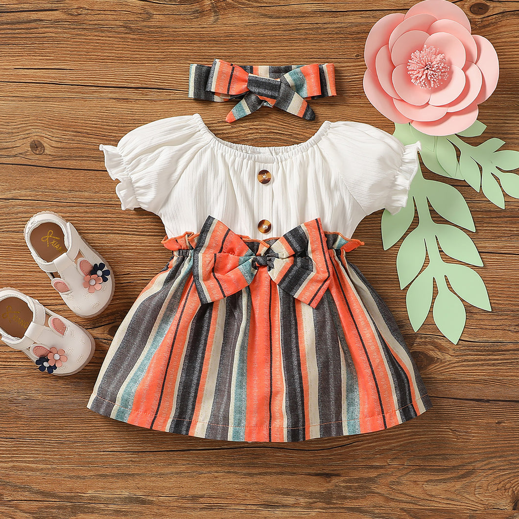 2pcs Baby Girl White Ribbed Splicing Striped Bowknot Frill Puff-sleeve Dress with Headband Set