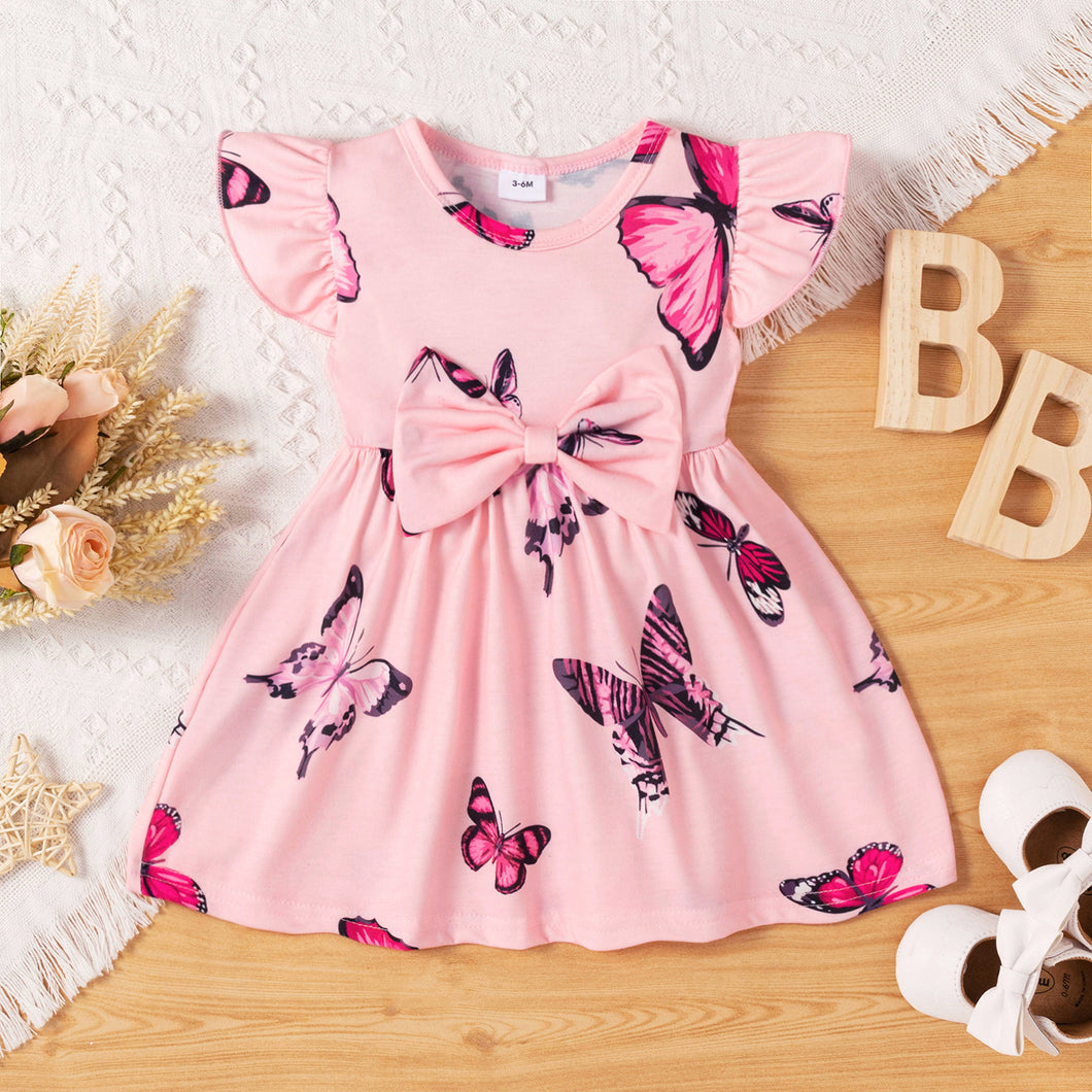 Baby Girl All Over Butterfly Print Pink Flutter-sleeve Bowknot Dress