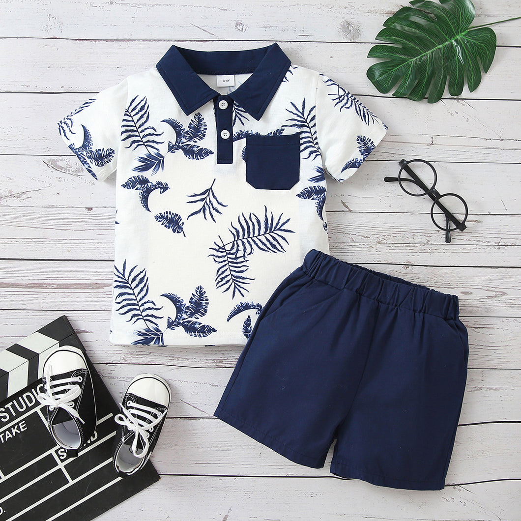 2pcs Toddler Boy Vacation Floral Print Polo Shirt and Shorts Set